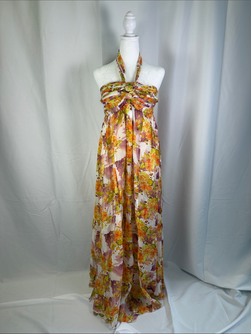 Aakaa Floral Halter Maxi Dress in Yellow and Pink